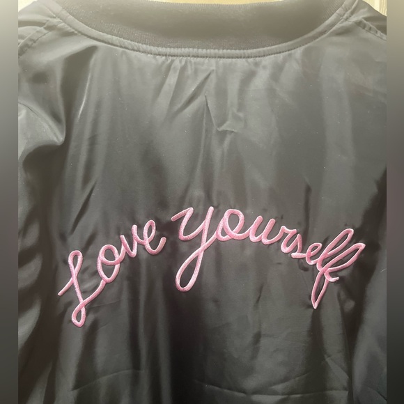 Forever 21 Black Bomber Jacket that says Love Yourself - Picture 4 of 6